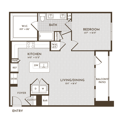 Floor plan for 1 bed, 1 bath, 961 sqft